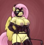  1girl 1girl anthro anthrofied armpits breasts choker clothing corset crown dominatrix fluttershy_(mlp) friendship_is_magic furry garter_belt garter_straps hairless leather legwear lingerie looking_at_viewer mask muscular my_little_pony nipples pussy riding_crop rubber smudge_proof stockings whip 