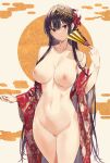 1girl areola bangs bare_shoulders beige_background big_breasts black_hair breasts clavicle closed_mouth clothing cowboy_shot extremely_large_filesize fan floral_print flower folding_fan gangan_comics groin hair_flower hair_ornament haitekudasai_takamine-san hand_fan hand_up high_resolution hiiragi_yuuichi holding holding_fan kimono large_filesize long_hair looking_at_viewer navel nipples official_art open_clothes open_kimono open_robe red_eyes red_flower red_kimono robe takamine_takane thighs very_high_resolution very_long_hair wafuku white_flower wide_sleeves