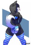  1girl 2016 anthro ass black_fur black_hair blush bulge canine clothed clothing curled_tail dog fur furry girly hair hand_on_butt heart husky kino_strife legwear long_hair looking_at_viewer looking_back male mammal multicolored_fur panties portrait rear_view seductive skimpy smile sqoon standing stockings striped_legwear stripes thick_thighs three-quarter_portrait tongue tongue_out tube_top two_tone_fur underwear white_fur 