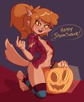 1girl anthro barefoot black_eyes blush bottomless breasts brown_fur canine clothed clothing dabbledraws dialogue english_text flannel food fruit fur furry ghoul_school hair halloween jack-o&#039;-lantern mammal orange_hair pumpkin scooby-doo scooby-doo_and_the_ghoul_school smile speech_bubble spooktober text torn_clothing werewolf winnie_werewolf yellow_sclera