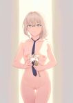  1girl 1girl an-94_(girls_frontline) bigrbear blue_neckwear braid breasts brown_background cleft_of_venus cowboy_shot flower french_braid girls_frontline green_eyes high_resolution holding holding_flower medium_breasts megane neck_tie nipples nude parted_lips platinum_blonde_hair pussy short_hair tied_hair two-tone_background uncensored yellow_background 
