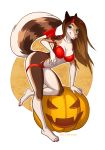 1girl 5_fingers anthro barefoot bent_over breasts brown_fur brown_hair canine clothing dog female_only food fruit full_body fur furry furry_only hair halloween heterochromia jack-o&#039;-lantern long_hair mammal midriff original original_character pink_nose pumpkin simple_background solo_female spefides standing tan_fur white_fur wide_hips