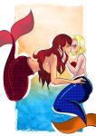  2girls android_18 bare_shoulders big_breasts blonde_hair blue_eyes blush breasts character_request closed_eyes dragon_ball dragon_ball_z kissing long_hair looking_at_another love mermaid multiple_girls mutual_yuri pronon1990_(artist) short_hair strapless topless yuri 