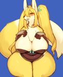  1girl anthro big_breasts blush breasts canine cleavage clothed clothing fox furry huge_breasts huge_thighs kemono kishibe mammal overweight simple_background skimpy smile thick_thighs 