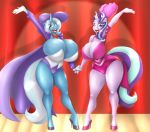  2girls anthro big_breasts blue_eyes blue_fur blue_hair bow_tie breasts cape clothed clothing equine footwear friendship_is_magic fur furry gloves green_hair hair hand_holding hat high_heels hooves horn huge_breasts hyper hyper_breasts long_hair long_tail magician mammal marauder6272 multicolored_hair my_little_pony open_mouth purple_eyes purple_fur purple_hair showgirl smile stage standing starlight_glimmer trixie two_tone_hair unicorn waving white_hair 