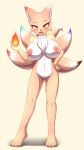  1girl 1girl 4_toes 5_fingers anthro barefoot big_breasts black_nose breasts canine chest_tuft digitigrade eyelashes fox fur furry looking_at_viewer mammal multi_tail navel open_mouth pussy simple_background standing tailzkim tan_fur teeth toes tongue tuft white_background wide_hips 