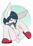 1girl 2016 4_fingers anthro anus blue_hair bottomless clothed clothing eliza_(emothebunny) female_masturbation female_only fingering fingering_self fingers_in_pussy footwear furry gif green_eyes hair holding_leg lagomorph long_ears loop mammal pussy rabbit raised_shirt simple_background spread_legs two-tone_background vaginal vaginal_fingering white_background whygena-draws
