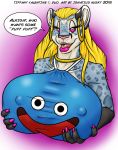  1girl 1girl anthro big_breasts blonde_hair breasts dragon_quest ear_piercing english_text fangs feline furry hair hoop_earrings huge_breasts ignatius_husky leopard lips looking_at_viewer mammal piercing pink_eyes simple_background slime_(dragon_quest) snow_leopard text tiffany_valentine video_games 
