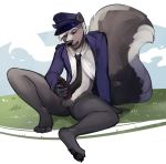  1girl 2016 anthro bottomless circumcised closed_eyes clothed clothing furry glans grass grey_tail hair hat headgear humanoid_penis male mammal masturbation neck_tie open_mouth outside pawpads paws penis salkitten sitting skunk skunk_tail teeth testicles tongue two_tone_tail white_hair white_tail wick 