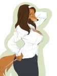  1girl anthro ass big_ass big_breasts breasts brown_fur brown_hair canine cleavage clothed clothing curvaceous dog eyelashes eyewear fur furry glasses green_eyes hair hand_behind_head hand_on_hip headband kikurage long_hair looking_at_viewer mammal mature_female pointer shirt simple_background skirt standing white_background 