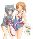  3girls :o artist_request bare_shoulders blush chibi cowboy_shot empty_eyes full_body long_sleeves lynette_bishop miyafuji_yoshika multiple_girls neuroi neuroi_girl open_mouth simple_background standing strike_witches surprised sweater swimsuit tentacle torn_clothes turtleneck white_background wince yoshika_miyafuji yuri 