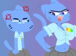  1girl angry anthro big_breasts blue_fur breasts cartoon_network cat cleavage clothed clothing feline flat_chested flutteringpie fur furry makeup mammal mother navel nicole_watterson the_amazing_world_of_gumball thigh_clothing wide_hips 