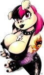  1girl 1girl anthro big_breasts breasts cleavage clothed clothing collar drake_fenwick furry goth mammal nipple_bulge nipples piercing pig porcine tattoo 