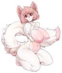  1girl anthro big_breasts breast_rest breasts cat chest_tuft crossed_arms feline fluffy_tail fur furry grin hair high_res kneel long_tail looking_at_viewer mammal nipples nude pink_fur red_eyes short_hair slugbox tuft white_fur 