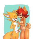  anthro blush breasts brown_fur canine chipmunk duo erection fox fur furry male mammal miles_&quot;tails&quot;_prower penis pussy rodent sally_acorn sega smile sparkydb testicles uncut 