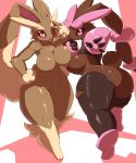  1girl 2016 anthro anthrofied armpits ass big_ass big_breasts black_sclera breasts brown_fur clothing duo fdokkaku featureless_breasts featureless_crotch fur furry heart highres huge_ass huge_breasts lagomorph legwear lopunny mammal mega_evolution mega_lopunny mostly_nude navel nintendo nude one_eye_closed pink_background pink_eyes pink_fur pokemon pokemorph shiny_pokemon sideboob simple_background tan_fur thick_thighs torn_clothing video_games voluptuous white_background wide_hips wink 