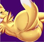  1girl 1girl 2016 anthro anus ass big_ass black_sclera blue_eyes bridal_gauntlets butt_shot canine digimon fox fur furry half-closed_eyes looking_at_viewer lying mammal mostly_nude neonyx on_side purple_background pussy renamon simple_background smile teeth tuft white_fur yellow_fur 