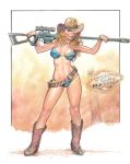  1_girl ammo_belt bikini blonde_hair boots cowboy_hat fallout female female_only front_view hair hat human human_only long_hair looking_at_viewer outdoors sniper_rifle standing tagme 