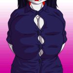 1girl 1girl 2016 anthro areola big_breasts black_hair breasts button_(disambiguation) cleavage close-up clothed clothing dragon fog_dagger_(artist) furry gif hair huge_breasts kyera nipples pink_background pink_nipples red_skin simple_background smile undressing wardrobe_malfunction white_background white_skin 