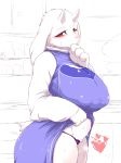 1girl 2016 anthro big_breasts blush boss_monster breasts caprine clothed clothing crossover dialogue diglett duo fdokkaku fur furry goat heart highres huge_breasts looking_at_viewer mammal nintendo nipple_bulge pokemon pussy_juice red_eyes robe simple_background solo_focus speech_bubble sweat toriel undertale underwear video_games voluptuous white_background white_fur wide_hips 