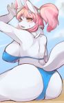  1girl 1girl anthro ass beach big_ass big_breasts blush breasts canine chaora clothed clothing furry huge_ass huge_breasts kemono mammal seaside skimpy slightly_chubby swimsuit 