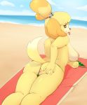  1girl 1girl 2020 5_fingers animal_crossing anthro anus ass beach bikini breasts canid canine canis clothing digital_media_(artwork) domestic_dog eyebrows eyelashes fingers furry genitals isabelle_(animal_crossing) looking_back mammal nintendo ostuffles seaside shih_tzu smile swimwear tongue tongue_out toy_dog video_games 