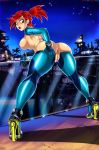  anus ass bent_over big_ass big_breasts bodysuit breasts brown_eyes cosplay deathsinner77 edit erect_nipples foster&#039;s_home_for_imaginary_friends frankie_foster high_heels looking_back metroid nintendo nipples pussy red_hair shadman surprised zero_suit 