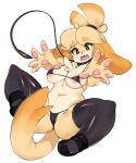  1girl animal_crossing anthro areola blush breasts brown_eyes canine clothed clothing collar dog furry isabelle_(animal_crossing) leash legwear mammal nintendo open_mouth simple_background skimpy slugbox stockings video_games white_background 