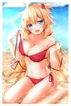  1girl :d akai_haato bare_arms bare_shoulders beach big_breasts bikini blonde blue_eyes breasts caustics clavicle cleavage day ex_idol hair_ornament high_resolution hololive lens_flare long_hair looking_at_viewer navel one_side_up open_mouth outside red_bikini side-tie_bikini smile stomach string_bikini sunlight swimsuit thighs untied untied_bikini very_long_hair virtual_youtuber water wet 