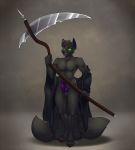  1girl 2016 animal_genitalia animal_penis anthro black_fur canine canine_penis clothing digital_media_(artwork) erection fox fur furry glowing glowing_eyes green_eyes holding_object holding_weapon knot looking_at_viewer male mammal melee_weapon penis polearm purple_penis scythe shariea smile standing testicles weapon 