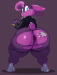  1girl 2019 absurd_res anthro anus ass big_ass blue_eyes blush bodily_fluids chiropteran clothed clothing disembodied_hand fur hand_on_butt high_res huge_ass looking_at_viewer mammal purple_body purple_fur simple_background sophie_slam sssonic2 sweat sweatdrop thick_thighs torn_clothing 