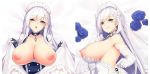  1girl apron azur_lane bed belfast_(azur_lane) big_breasts blue_rose breasts breasts_out_of_clothes chixiao dakimakura dress female_only flower maid_apron nipples on_bed on_side rose wedding_dress 