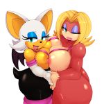  1girl anthro ass bat big_breasts blonde_hair blue_eyes breasts candy_kong cleavage clothed clothing donkey_kong_(series) duo furry gloves green_eyes hair half-closed_eyes hand_holding mammal matospectoru monkey nintendo one_eye_closed open_mouth primate rouge_the_bat sega simple_background standing video_games wings wink 