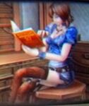 1girl 3d ass big_breasts book breasts capcom crossed_legs game game_console god_hand legs mature_female miniskirt olivia_(god_hand) playstation_2 screencap short_hair skirt solo_focus