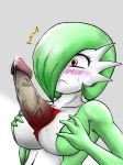  1girl 1girl blush breast_grab breasts chest_penis color cum ejaculation erection futanari gardevoir green_hair grey_background hair hair_over_one_eye hands_on_breasts hands_on_own_breasts intersex penis pokemon red_eyes uncensored veins veiny_penis what 