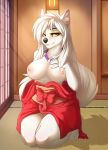  1_girl anthro black_nose breasts canine chloe-dog_(artist) clothing day dog eyelashes fur furry hair inner_ear_fluff inside kneel looking_at_viewer mammal nipples smile solo white_fur white_hair yellow_eyes 