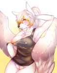 1girl anthro armpits bottomless breasts canine celeste_falore clothed clothing dk- exercise fur furry gradient_background looking_at_viewer mammal nipple_slip nipples pussy simple_background smile white_fur wings wolf yellow_eyes