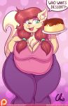  1girl 1girl 2016 anthro blue_eyes breasts brown_hair cat chest_tuft cindy_(nekocrispy) cleavage clothed clothing dessert dialogue english_text eyelashes eyeshadow eyewear fangs feline food fur furry glasses hair half-closed_eyes high_res holding_food holding_object inner_ear_fluff long_hair looking_at_viewer makeup mammal nekocrispy open_mouth overweight overweight_female pigtails pink_nose teeth text tongue tuft 