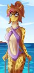  1girl 1girl 2016 anthro bikini celine_louison clothed clothing eyewear furry giraffe glasses mammal partially_clothed swimsuit water 
