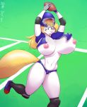 1girl absurd_res american_football animaniacs anthro areola armor ball big_breasts blonde_hair bouncing_breasts breasts cameltoe catcher cleats clothing elbow_pads eyeshadow face_paint football football_(ball) football_field fur furry gloves hair helmet high_res huge_breasts jersey knee_high_socks knee_pads legends_football_league lips makeup mammal minerva_mink mink mustelid navel nipples open_mouth plankboy running shorts simple_background sport surprise teeth thick_thighs tongue uniform wardrobe_malfunction white_fur