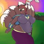 1girl anthro belly big_breasts breasts canine clothing dress eyewear fan_character farseer forest fox furry glasses hammer huge_breasts mammal multi_tail slightly_chubby sunset thedartkid thick_thighs tools tree warhammer_(franchise) warhammer_40k wide_hips