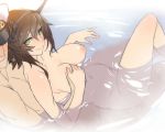  1boy 1girl 5:4_aspect_ratio admiral_(kantai_collection) anthropomorphization ban bath bathing big_breasts blush breast_grab breasts brown_hair fringe green_eyes groping guided_breast_grab hat hetero inverted_nipples jewelry kantai_collection male mixed_bathing mutsu_(kantai_collection) navel nipples nude peaked_cap revision ring smile uniform water wedding_band 