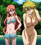 2_girls akame_ga_kill! alluring big_breasts blonde blush breasts brown_hair candy cfnf chelsea_(akame_ga_kill!) cleavage clothed_female_nude_female embarrassed hand_on_hip large_nipples leone leone_(akame_ga_kill!) lollipop long_hair looking_at_viewer multiple_girls navel nipples nude_filter open_mouth photoshop red_eyes screen_capture sexy_pose small_breasts smile standing stitched thighs uncensored yellow_eyes