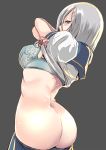 1girl 1girl arms_up ass back blue_bra blue_eyes bra bra_lift breasts dat_ass endou_(zettai_bluenoid) eyebrows eyebrows_visible_through_hair from_behind grey_background hair_ornament hair_over_one_eye hairclip hamakaze_(kantai_collection) high_resolution huge_ass kantai_collection looking_at_viewer looking_back medium_breasts open_mouth posterior_cleavage sailor_collar saliva school_uniform serafuku shirt_lift short_hair short_sleeves sideboob silver_hair simple_background skirt skirt_pull underwear viewed_from_below white_blouse white_bra 