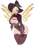 1girl activision alternate_costume angela_ziegler blizzard_entertainment blonde_hair blue_eyes breasts mercy_(overwatch) nipples overwatch pumpkin_earrings smile witch witch_hat witch_mercy_(overwatch)