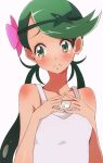  1girl blush cry crying dark_skin enelis flower green_eyes green_hair hair_flower hair_ornament long_hair looking_away mallow mallow_(pokemon) mao_(pokemon) pokemon pokemon_sm shirt solo tearing_up trial_captain twin_tails upper_body white_background white_shirt 