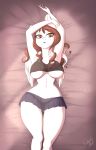 1girl 2016 amber_eyes anthro armpits bed breasts brown_hair cleavage clothed clothing coconut_milk_(oc) equine eyelashes fan_character furry hair lying mammal miniskirt multicolored_hair my_little_pony navel open_mouth pegasus skecchiart skirt two_tone_hair underboob white_hair wide_hips wings