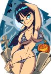  1girl aqua_eyes bat black_hair breasts cleavage cosplay halloween jack-o&#039;-lantern long_hair manic47 nico_robin one_piece pumpkin shiny shiny_skin smile 