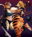 anthro ball_and_chain_restraint blonde_hair chain clothed clothing cosplay duo feline fur furry green_eyes hair inner_ear_fluff machete mammal mask melee_weapon nipples orange_fur orange_hair pose prison_outfit safurantora skimpy smile stripes tiger torn_clothing weapon