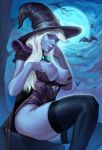  1_girl breasts drow_ranger halloween mavezar_(artist) nipples solo stockings witch witch_hat 